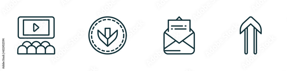 set of 4 linear icons from user interface concept. outline icons included hall, bottom arrows, open envelope, slim up vector set of 4 linear icons from user interface concept. outline icons included hall, bottom arrows, open envelope, slim up vector