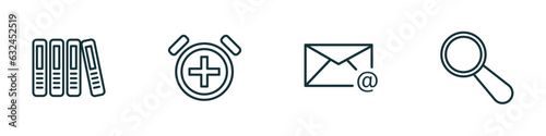 set of 4 linear icons from user interface concept. outline icons included office folders, alarm button, email evelope, looking vector