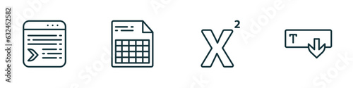 set of 4 linear icons from user interface concept. outline icons included selective, document with tables, superscript, text out vector
