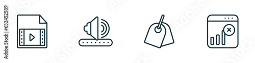 set of 4 linear icons from user interface concept. outline icons included video file, amplified speaker, labels, disconnect vector