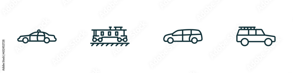 set of 4 linear icons from transportation concept. outline icons included police car, caboose, minivan, off road vector set of 4 linear icons from transportation concept. outline icons included police car, caboose, minivan, off road vector