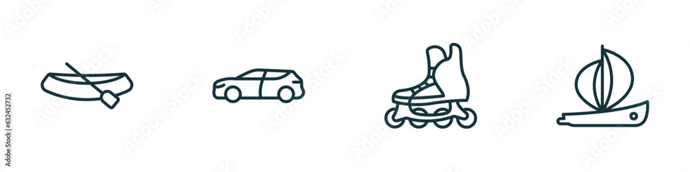 set of 4 linear icons from transportation concept. outline icons included dugout canoe, suv, inline skates, yawl vector set of 4 linear icons from transportation concept. outline icons included dugout canoe, suv, inline skates, yawl vector