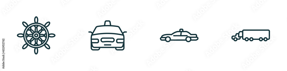 set of 4 linear icons from transportation concept. outline icons included ship helm, taxi, patrol car, eighteen-wheeler vector set of 4 linear icons from transportation concept. outline icons included ship helm, taxi, patrol car, eighteen-wheeler vector