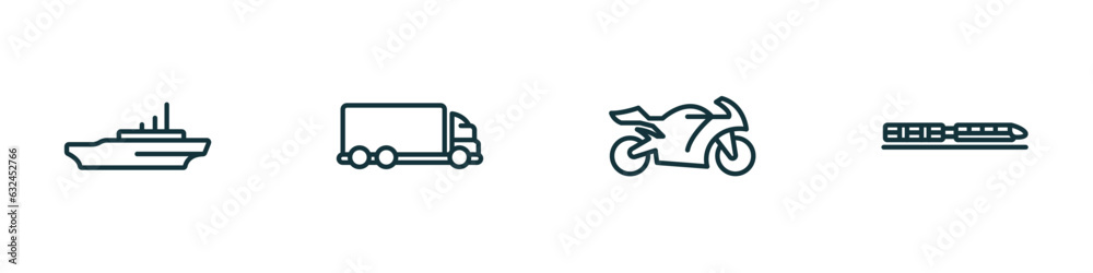 Obraz premium set of 4 linear icons from transportation concept. outline icons included icebreaker ship, lorry, motorbike, monorail vector