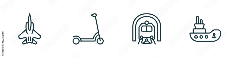 set of 4 linear icons from transportation concept. outline icons included army airplane, kick scooter, train in a tunnel, tugboat vector set of 4 linear icons from transportation concept. outline icons included army airplane, kick scooter, train in a tunnel, tugboat vector
