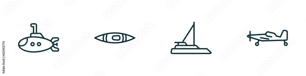 set of 4 linear icons from transportation concept. outline icons included small submarine, kayak, catamaran, crop duster vector