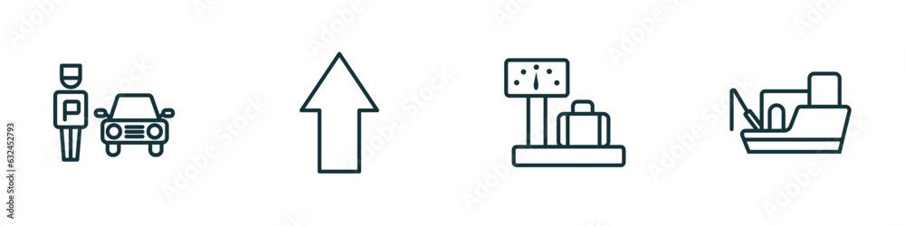 set of 4 linear icons from transport concept. outline icons included parking men, shift, airport checking, fishing boat vector set of 4 linear icons from transport concept. outline icons included parking men, shift, airport checking, fishing boat vector