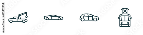 set of 4 linear icons from transportation concept. outline icons included tow truck, sport car, compact car, tram front view vector
