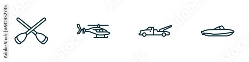 set of 4 linear icons from transportation concept. outline icons included rowing, helicopter profile, wrecker, houseboat vector