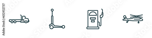 set of 4 linear icons from transportation concept. outline icons included flatbed lorry, micro scooter, fuel dispenser, military helicopter vector