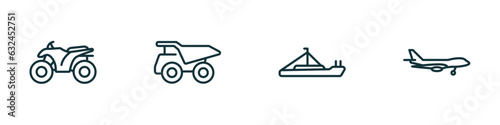 set of 4 linear icons from transportation concept. outline icons included quad, haul, pt boat, jumbo jet vector