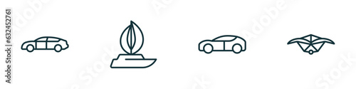 set of 4 linear icons from transportation concept. outline icons included automobile, sailboat, electro car, hang glider vector