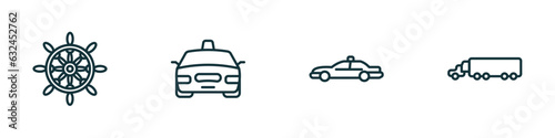 set of 4 linear icons from transportation concept. outline icons included ship helm, taxi, patrol car, eighteen-wheeler vector