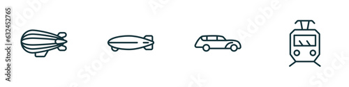 set of 4 linear icons from transportation concept. outline icons included zeppelin, dirigible, hearse, tram vector