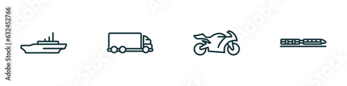set of 4 linear icons from transportation concept. outline icons included icebreaker ship, lorry, motorbike, monorail vector
