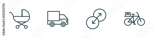 set of 4 linear icons from transport concept. outline icons included babysitter, heavy vehicle, transition, delivery bike vector