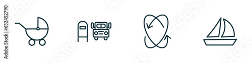 set of 4 linear icons from transport concept. outline icons included baby trolley, scholar bus stop, movement, sailing boat with veils vector