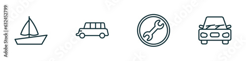 set of 4 linear icons from transportation concept. outline icons included sail boat, long car, repair, car vector