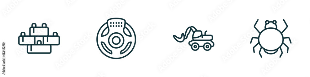 set of 4 linear icons from toys concept. outline icons included blocks toy, steering wheel toy, digger toy, spider vector set of 4 linear icons from toys concept. outline icons included blocks toy, steering wheel toy, digger toy, spider vector