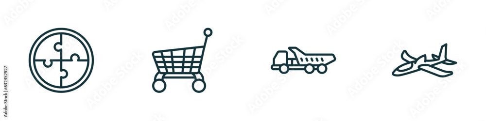 set of 4 linear icons from toys concept. outline icons included puzzle toy, cart toy, truck toy, plane vector