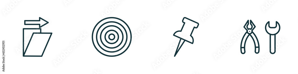 set of 4 linear icons from tools and utensils concept. outline icons included shear, target circles, tack save button, tools and utensils vector