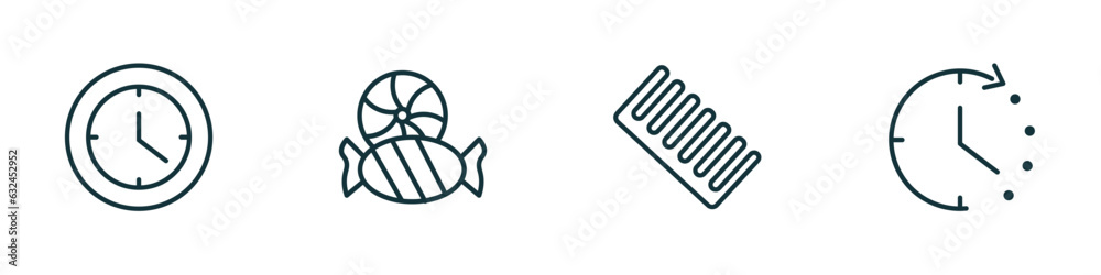 set of 4 linear icons from tools and utensils concept. outline icons included circular clock, candies, combs, time left vector set of 4 linear icons from tools and utensils concept. outline icons included circular clock, candies, combs, time left vector