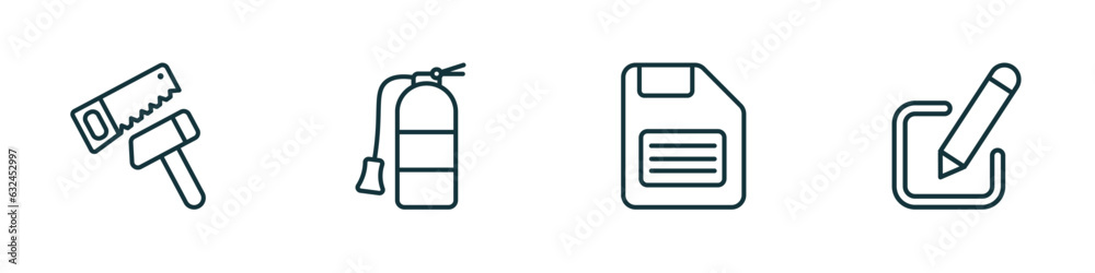 set of 4 linear icons from tools and utensils concept. outline icons included carpentry, flame extinguisher, face down floppy disk, edit picture vector set of 4 linear icons from tools and utensils concept. outline icons included carpentry, flame extinguisher, face down floppy disk, edit picture vector