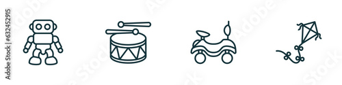 set of 4 linear icons from toys concept. outline icons included robot toy, drum toy, ride on toy, kite vector