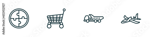 set of 4 linear icons from toys concept. outline icons included puzzle toy, cart toy, truck toy, plane vector