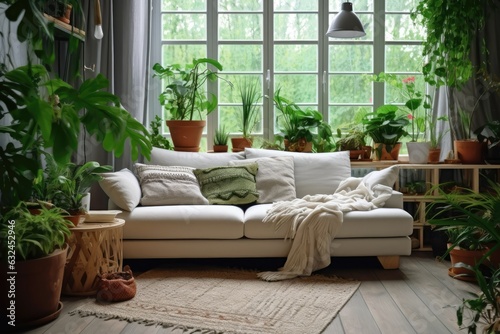 Scandinavian style, hygge interior design of modern living room with white sofa, plaid, plants and window , ai generative © mariof