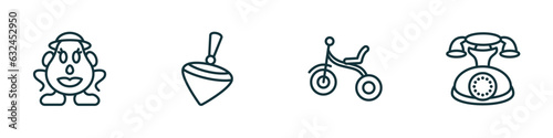 set of 4 linear icons from toys concept. outline icons included mrs potato toy, spinning toy, tricycle toy, telephone vector