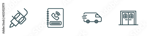 set of 4 linear icons from tools and utensils concept. outline icons included tattoo, telephone agenda, postage, doors vector