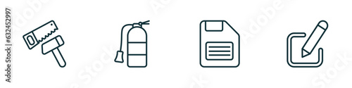 set of 4 linear icons from tools and utensils concept. outline icons included carpentry, flame extinguisher, face down floppy disk, edit picture vector