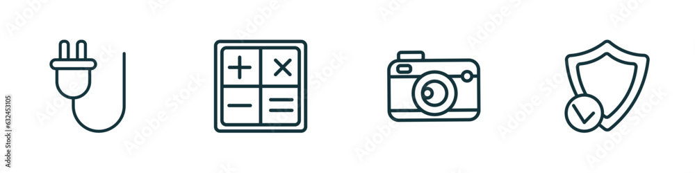 set of 4 linear icons from technology concept. outline icons included basic plug, mathematical operations, vintage digital camera, safe shield protection vector