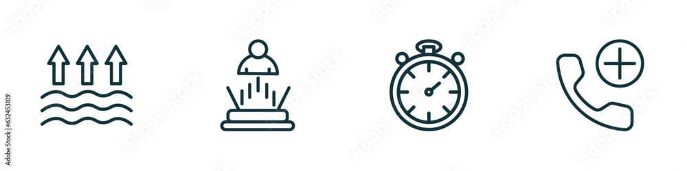 set of 4 linear icons from technology concept. outline icons included evaporation, teletransportation, stopwatch running, add call vector set of 4 linear icons from technology concept. outline icons included evaporation, teletransportation, stopwatch running, add call vector