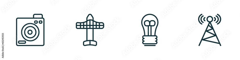 set of 4 linear icons from technology concept. outline icons included retro squared camera, solar plane, light bulb turned off, cell tower vector set of 4 linear icons from technology concept. outline icons included retro squared camera, solar plane, light bulb turned off, cell tower vector