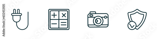 set of 4 linear icons from technology concept. outline icons included basic plug, mathematical operations, vintage digital camera, safe shield protection vector