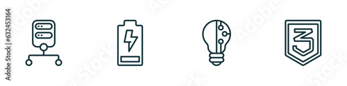 set of 4 linear icons from technology concept. outline icons included data architecture, battery levels, light bulb idea, css3 vector