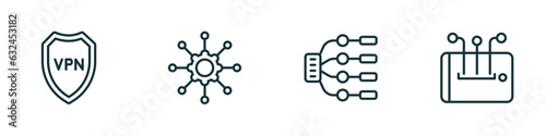 set of 4 linear icons from technology concept. outline icons included vpn, frameworks, type hierarchy, content curation vector