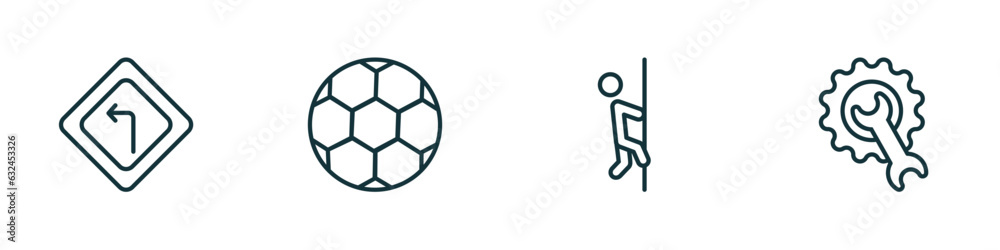 set of 4 linear icons from sports concept. outline icons included left bend, soccer football ball, climber, equipment vector set of 4 linear icons from sports concept. outline icons included left bend, soccer football ball, climber, equipment vector