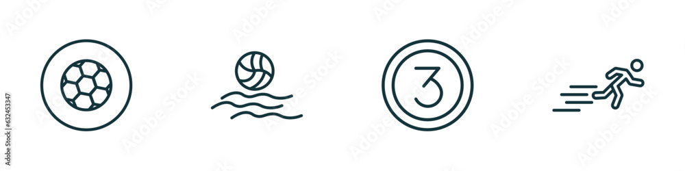 set of 4 linear icons from sports concept. outline icons included football ball circular, waterpolo, third, man sprinting vector set of 4 linear icons from sports concept. outline icons included football ball circular, waterpolo, third, man sprinting vector
