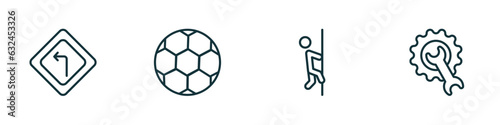 set of 4 linear icons from sports concept. outline icons included left bend, soccer football ball, climber, equipment vector