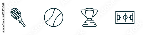 set of 4 linear icons from sports concept. outline icons included squash, tennis sport ball, champion, football pitch vector