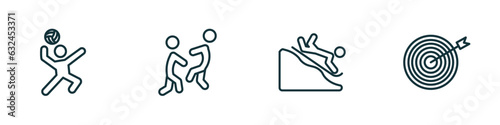 set of 4 linear icons from sports concept. outline icons included volleyball motion, aikido, snow slide zone, bullseye vector