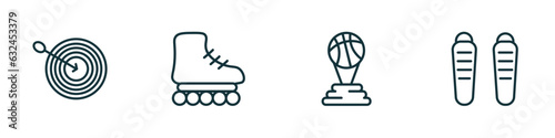 set of 4 linear icons from sports concept. outline icons included dartboard with dart, roller skate, basketball champion, shin guards vector