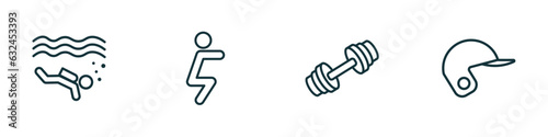 set of 4 linear icons from sports concept. outline icons included scuba diving, squat, weighted bars, baseball helmet vector