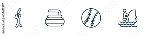 set of 4 linear icons from sports concept. outline icons included bats man, curling, baseball ball, fishing man vector