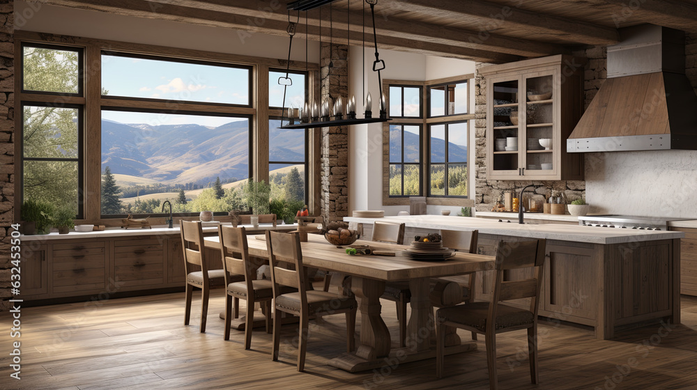 Home interior with modern kitchen counter with  view through a window on the sea.