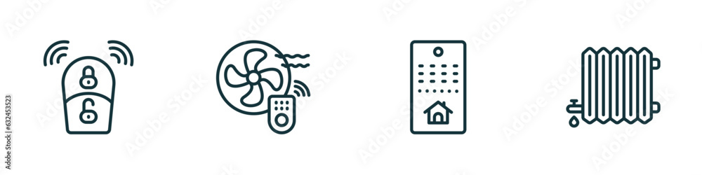 set of 4 linear icons from smart home concept. outline icons included smart key, fan, smart home console, heat leak vector
