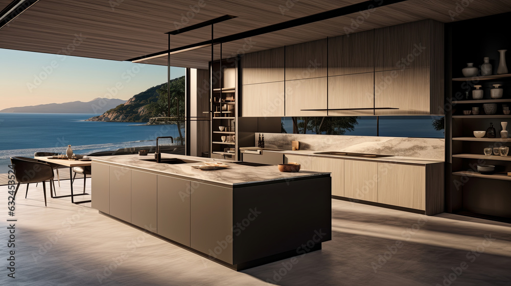 Home interior with modern kitchen counter with view through a window on the sea. Home interior with modern kitchen counter with view through a window on the sea.